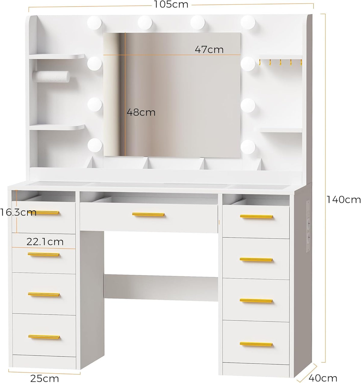 ANWBROAD Makeup Table with Mirror and Adjustable LED Lighting, 3 Colours, Transparent Glass Pane, Large Dressing Table with Socket, 9 RGB Drawers, 4 Shelves, White BDT95W - QUORE