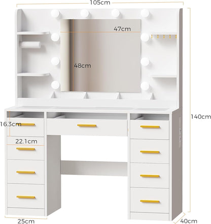 ANWBROAD Makeup Table with Mirror and Adjustable LED Lighting, 3 Colours, Transparent Glass Pane, Large Dressing Table with Socket, 9 RGB Drawers, 4 Shelves, White BDT95W - QUORE