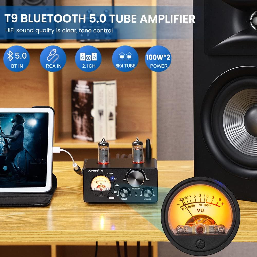 AIYIMA TUBE T9 Bluetooth 5.0 6K4 Vacuümbuisversterker USB DAC 100W Stereo-ontvanger Amp Coax/Opt HIFI Home Audio Digitale versterkers met VU-meter