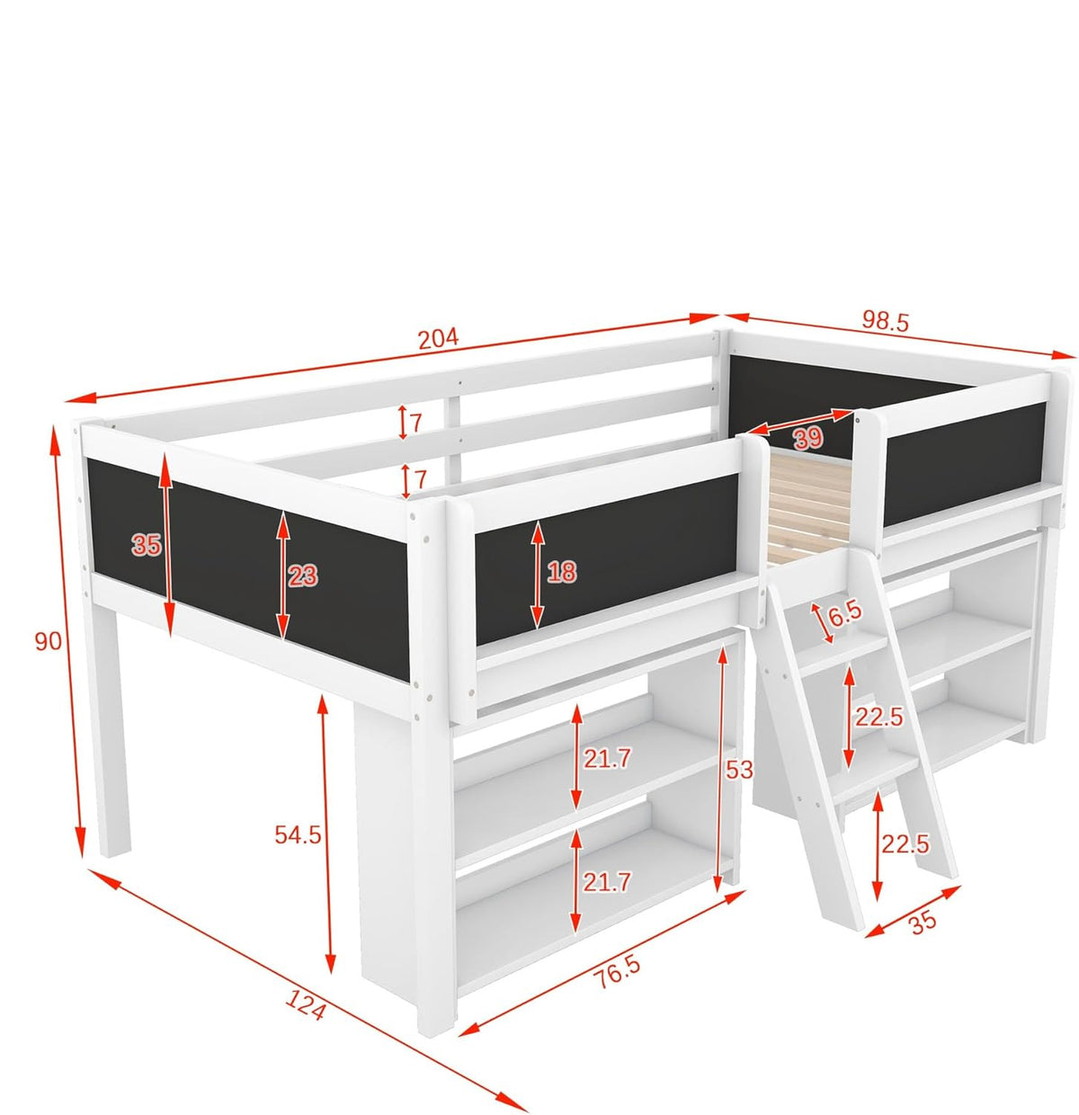 Children's Bed with Shelf, Slatted Frame, Ladder and Fall Protection, Teenage Bed, Single Bed, Wooden Pine Bed (White, 90 x 200 cm) - QUORE