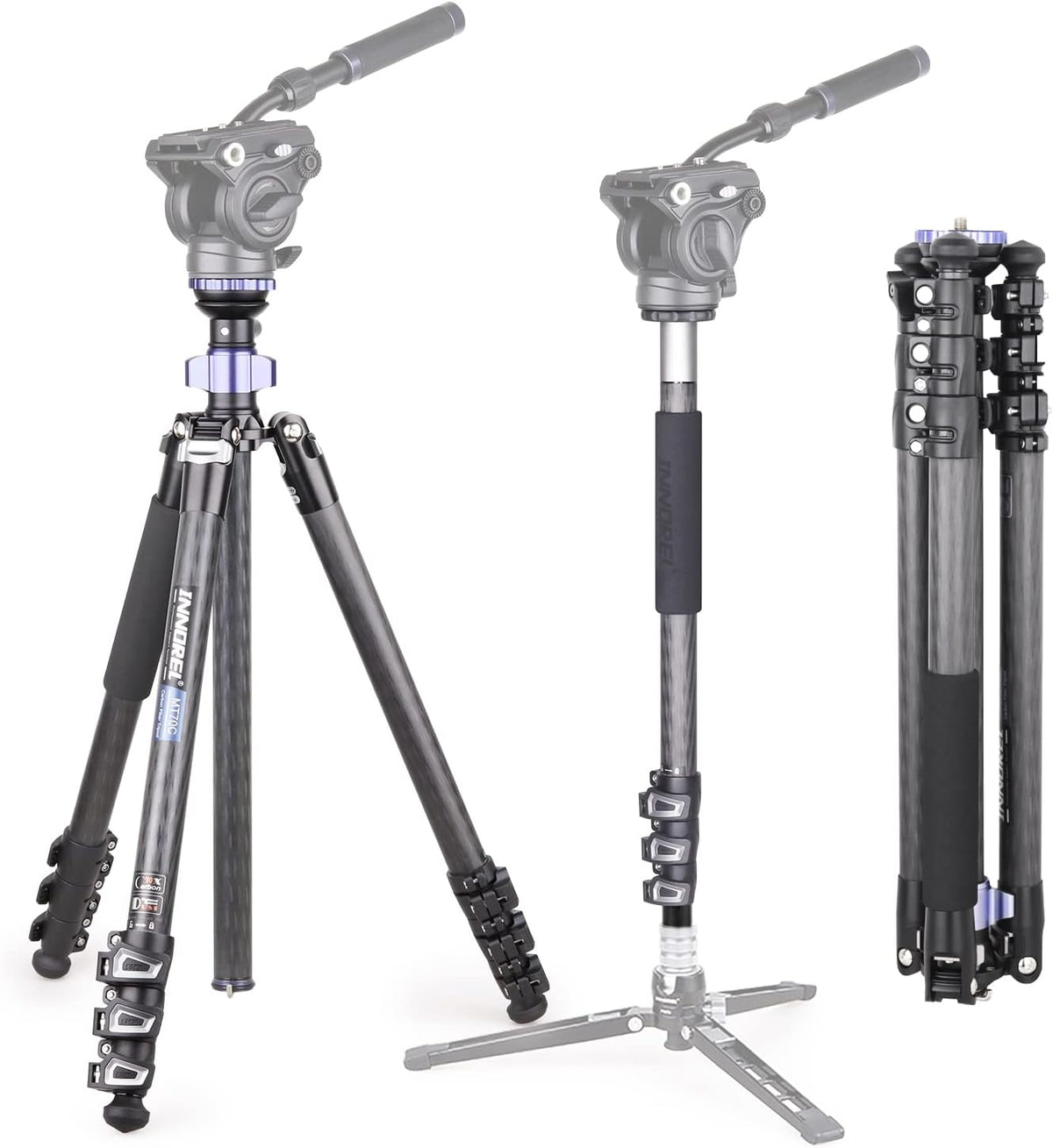 INNOREL MT70C Professionele Statieven, met Half Ball Leveller, zonder vloeistofkop, Koolstofvezel videostatiefset, Snel Flip Lock, Converteerbaar naar Monopod, voor DSLR Camera Video Camcorder