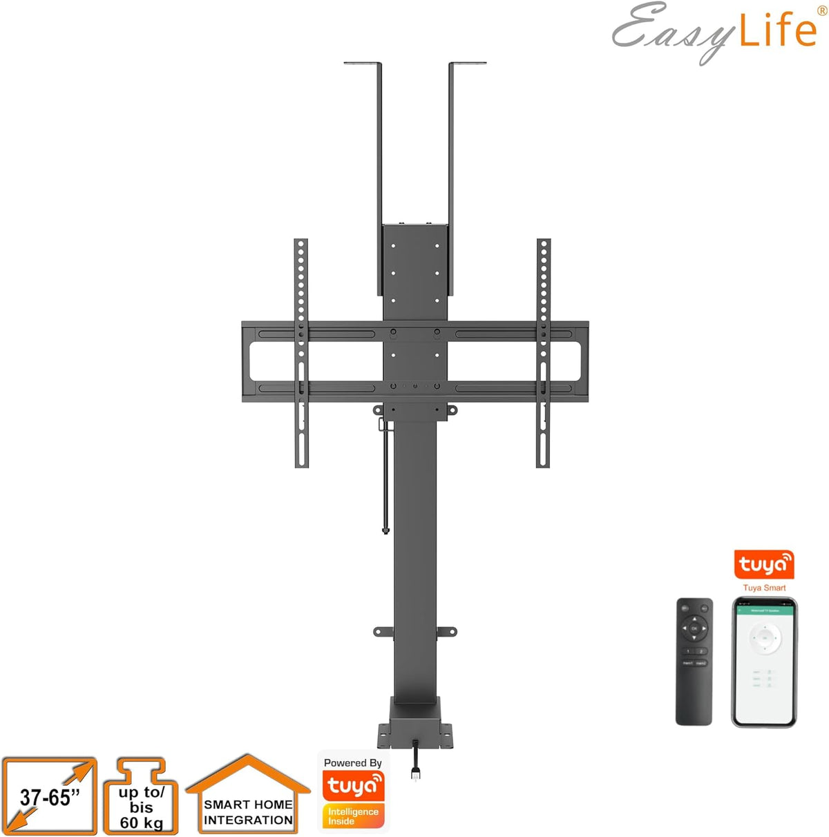 EasyLife Gemotoriseerde TV-Lift Voor Montage Op De Vloer, Aan Het Plafond of In Een meubel – Smart Home-Bediening Met Op- En Neerfunctie met Afstandsbediening, 37-65inch tot 60KG, VESA 600x400 - Zwart