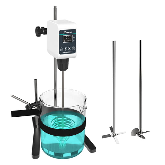 JOANLAB OS-5S roerwerk overhead roerder, 36W laboratoriummixer met roerblad en roestvrijstalen standaard, verstelbare snelheid 100-1200 rpm, digitale timer 1min-24h, voor max. 10L & 20000 mPas