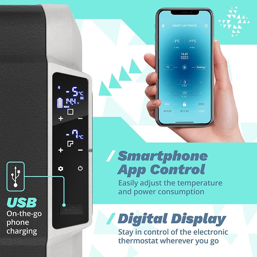 Bluefin Active Draagbare Koelbox | Geavanceerde Koel- en Vriestechnologie | Energiebesparend Opladen | Dubbele Compartimenten| Smartphone App-Bediening | LCD-scherm | AC & DC