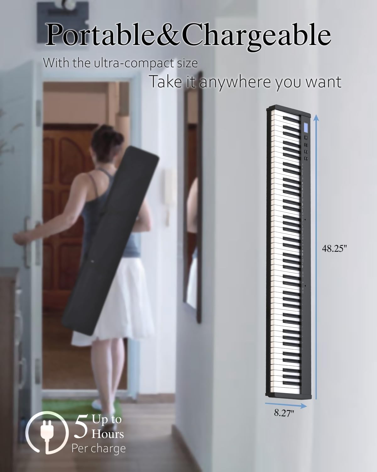 Digitale piano – Keyboard – Elektrisch toetsenbord – Piano keyboard – Elektrische piano – 88 Volledige Toetsen, Semi Verzwaarde Aanslag, Zwart – Compact en Draagbaar met Draagtas, Muziekstandaard, Sustain Pedaal en Hoofdtelefoon
