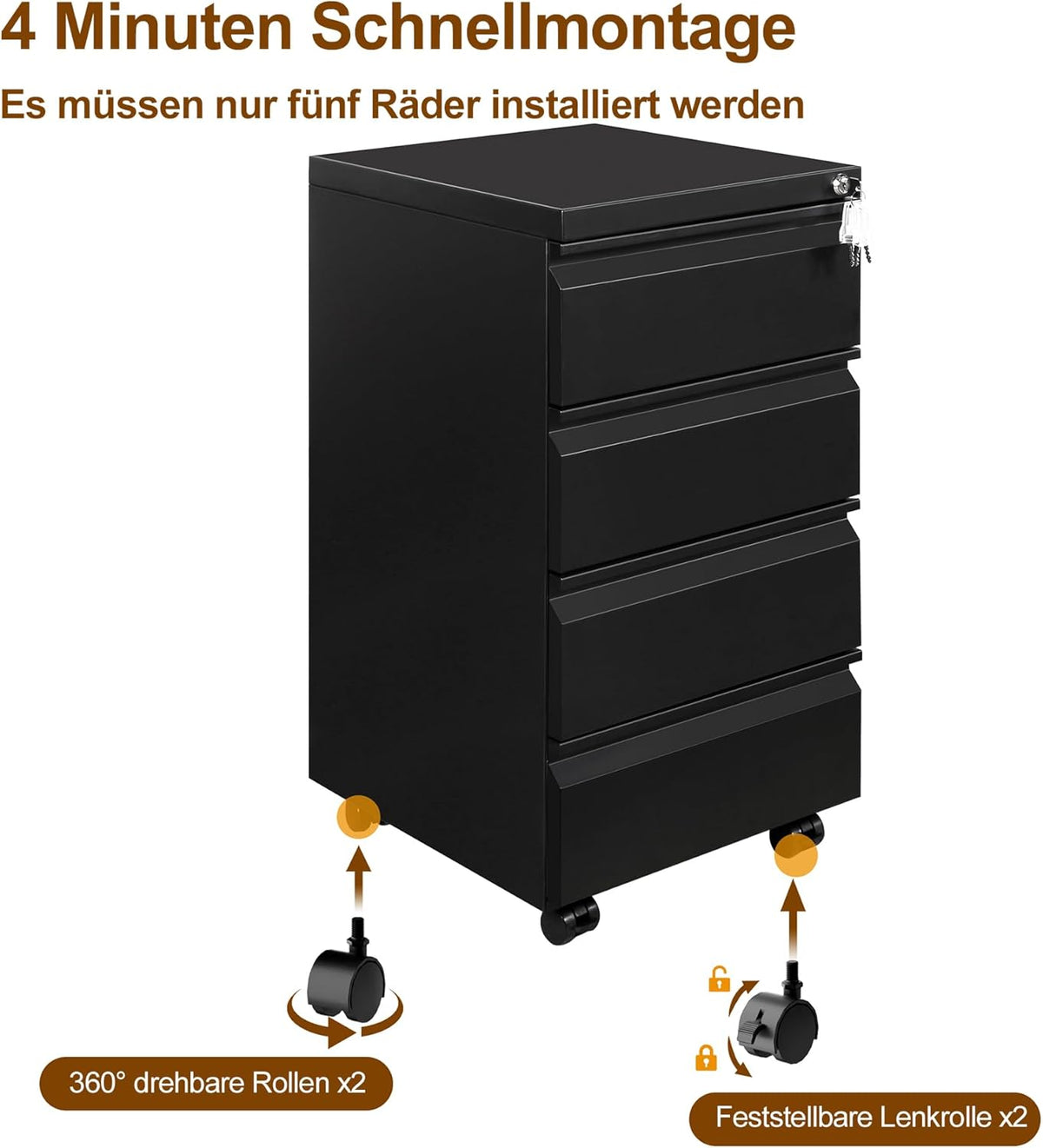 Rollcontainer, mobiele archiefkast, 4 laden, afsluitbaar, 37 x 44 x 71,5 cm, zwart OFC241B01HI