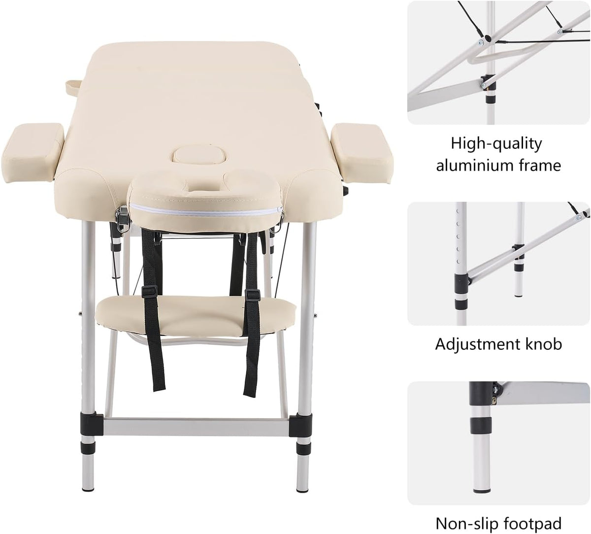 Massagetafel Beige – Behandeltafel – Massagebed – Tattootafel – Cosmetische Tafel – Opvouwbaar, Lichtgewicht Aluminium