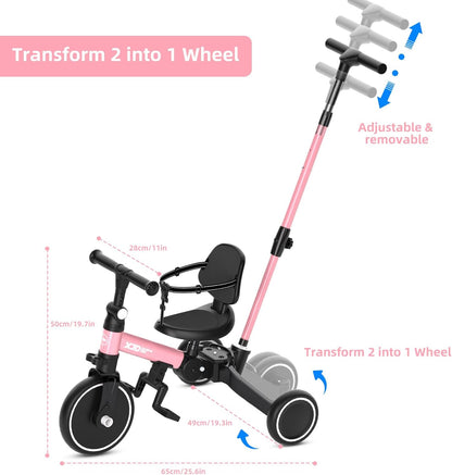 XJD 5-in-1 driewieler, loopfiets vanaf 1 jaar met duwstang voor kinderen vanaf 1 - 4 jaar, loopfiets met afneembare pedalen en verstelbare zitting, kinderdriewieler, babyfiets (roze)