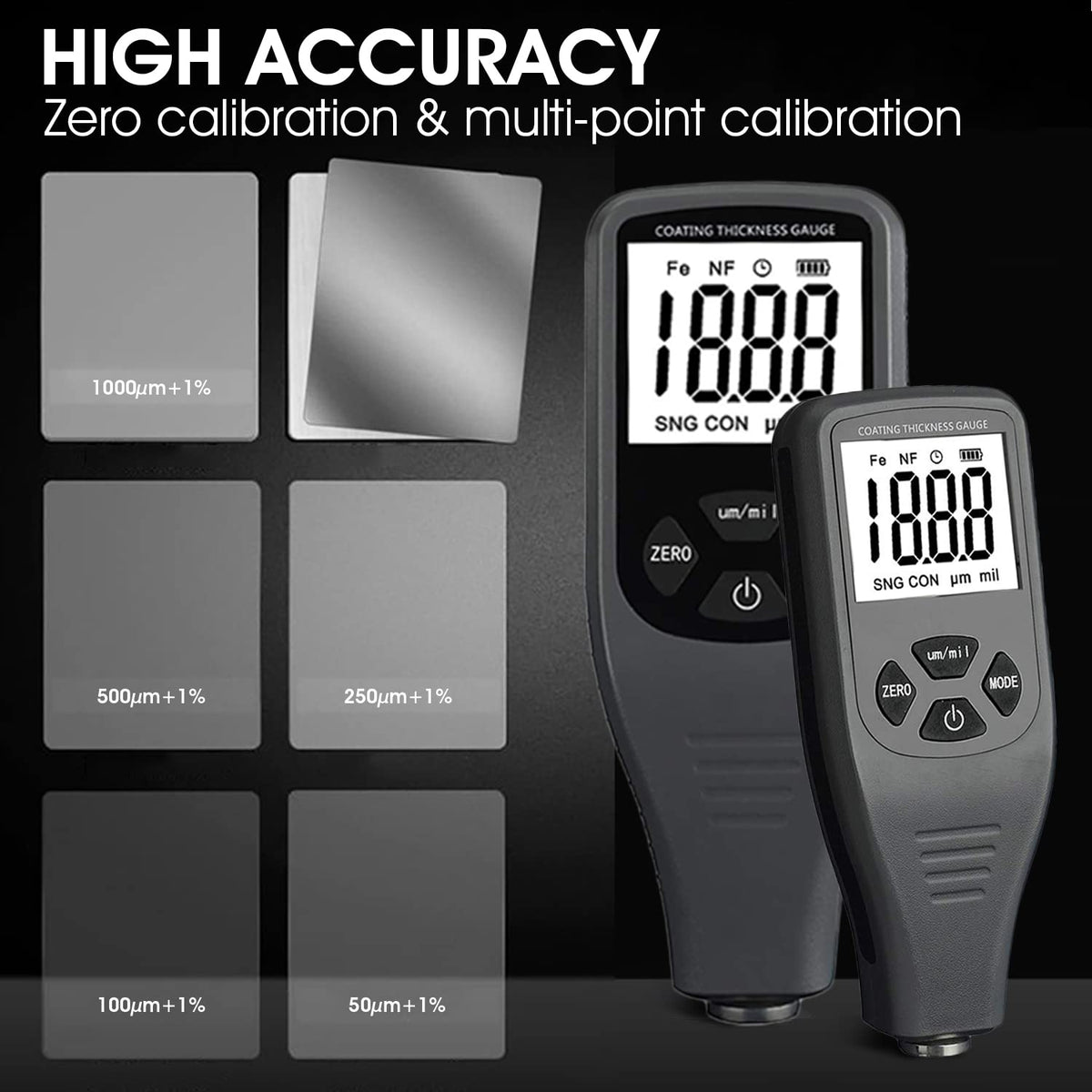 Laagdiktemeter digitale lakdiktemeter met sensor voor automatische Fe-NF-meting meetbereik 0-1500 um (0-59,1 mil) Automotive Car Paint Depth Gauge Test LCD achtergrondverlichting