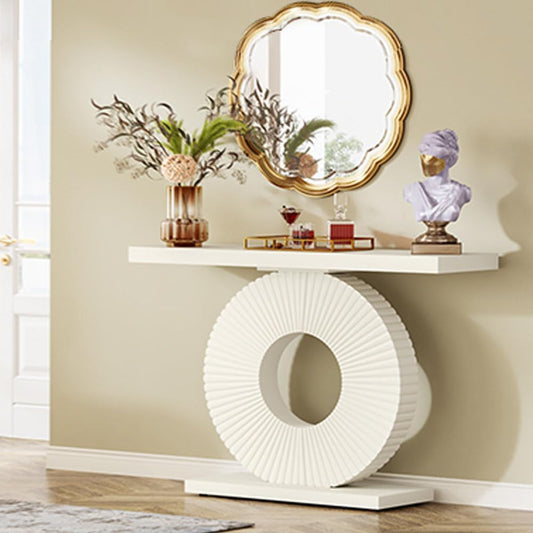 Tribesigns Console Table, Half-Table with Round Base in the Shape of Flowers and Sofa Tables, Hallway, Narrow Entrance Table, 100 x 30 x 79 cm (Cream White)