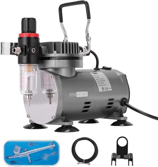 VIVOHOME Airbrush Set met 1/5 PK Luchtcompressor en Dual-Action Spuitpistool, Stil Airbrush Systeem met Houder