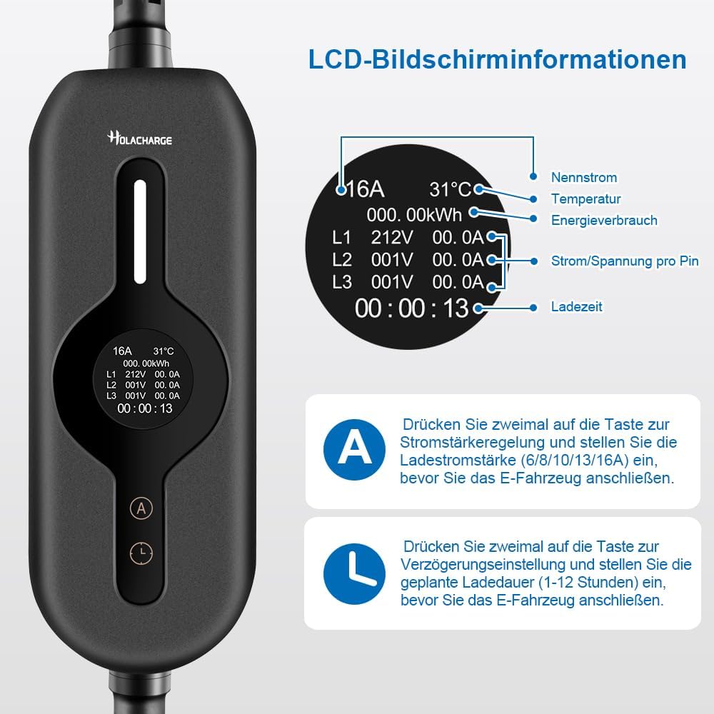 11 kW type 2 draagbare oplaadkabel elektrische auto 5 m zwart EV oplader met bestuurbaar digitaal display en CEE 3-fasig industriële stekker voor IEC 62196-2 en PHEV/EV
