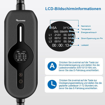 11 kW type 2 draagbare oplaadkabel elektrische auto 5 m zwart EV oplader met bestuurbaar digitaal display en CEE 3-fasig industriële stekker voor IEC 62196-2 en PHEV/EV