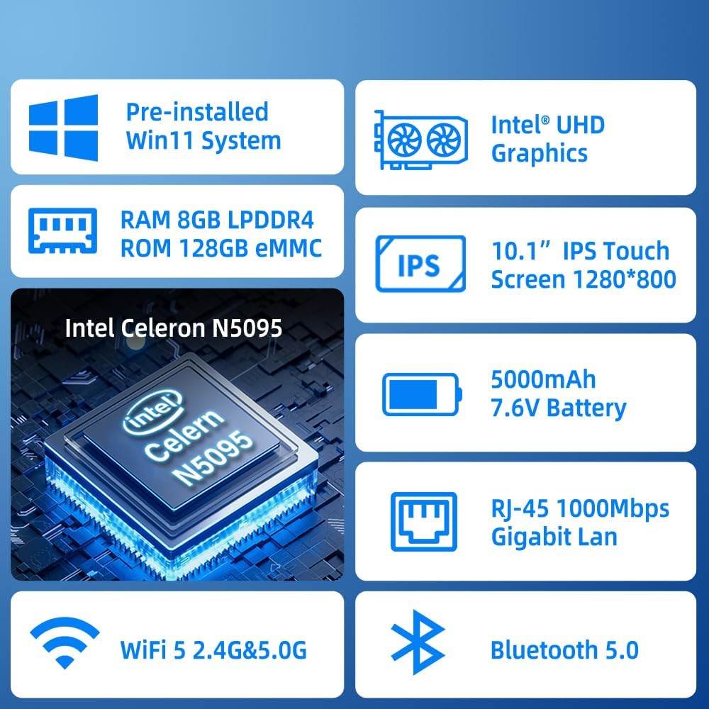 Mini PC Computer Mini Desktop PC 10.1 Inch Win 11 N5095, Mini-pc met Touchscreen, 8GB RAM, 128GB eMMC, 5000mAh batterij, Dual 4K Display Output, HDMI/WiFi5/BT5.0, Dual Rs232