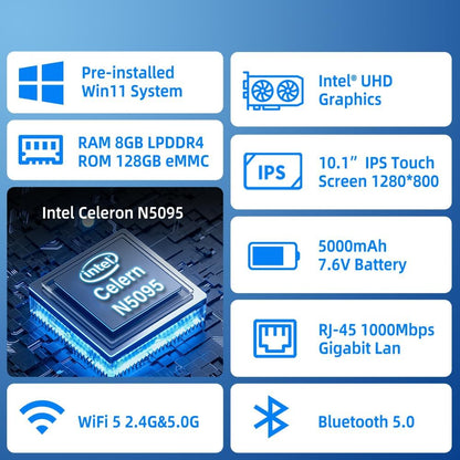 Mini PC Computer Mini Desktop PC 10.1 Inch Win 11 N5095, Mini-pc met Touchscreen, 8GB RAM, 128GB eMMC, 5000mAh batterij, Dual 4K Display Output, HDMI/WiFi5/BT5.0, Dual Rs232