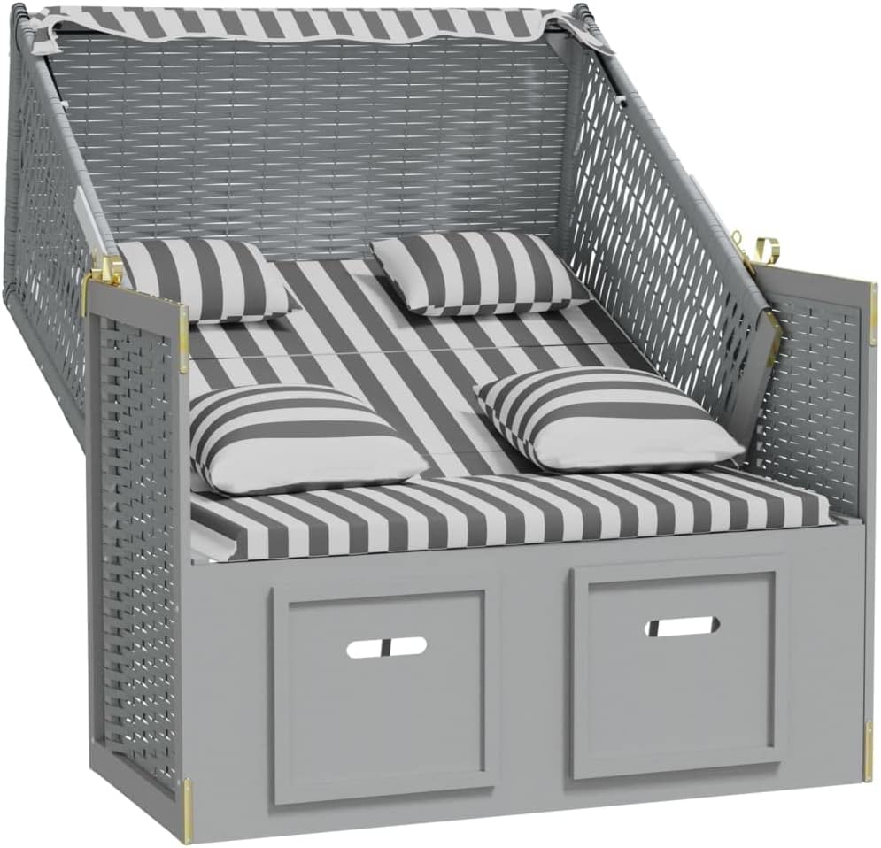 vidaXL Beach Chair with Cushions Poly Rattan and Solid Wood Grey White, Beach Corb, Beach Sofa, Lounger, Seating Chair, Beach Furniture, Beach Corbs, Seating Chairs - QUORE