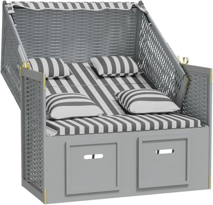 vidaXL Beach Chair with Cushions Poly Rattan and Solid Wood Grey White, Beach Corb, Beach Sofa, Lounger, Seating Chair, Beach Furniture, Beach Corbs, Seating Chairs - QUORE