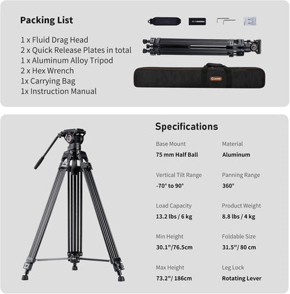 Videostatiefsysteem – Videostatief – Camerastatief – Driepoot – Statief Met Vloeistofkop – 72 Inch – Dubbele Buis Van Sterk Aluminium