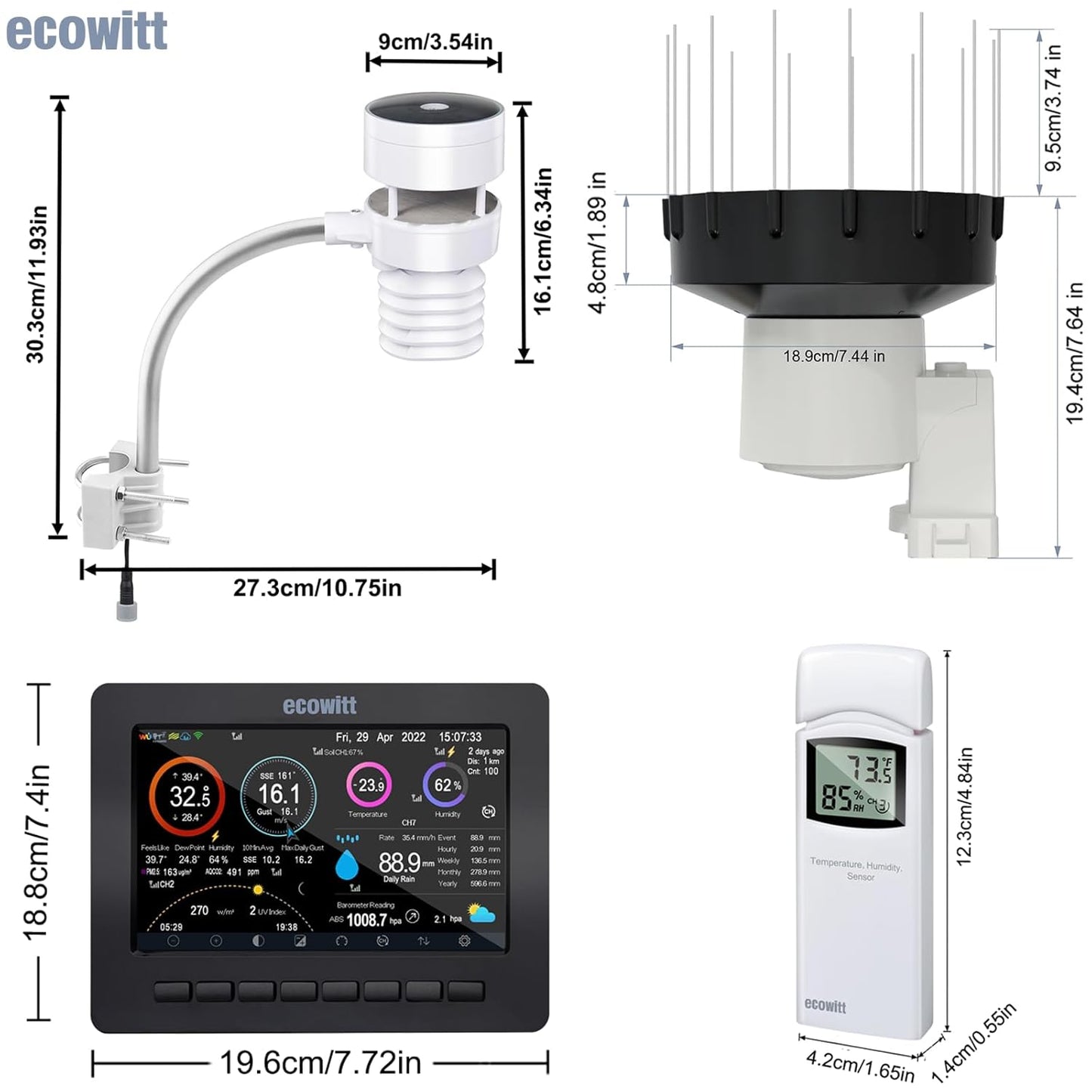 ECOWITT HP2553H WLAN-weerstation, 7-in-1 met 7 inch TFT-kleurendisplay, buitensensor WS80 met ultrasone windmeter + regenmeter WH40H + temperatuur- en vochtigheidssensor WN32