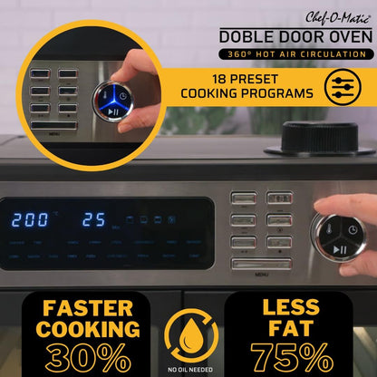 CHEF -O- MATIC Doble Door - dubbele deur friteuse en oven, 28 L,18 programma's, 1700 W, binnengrill, broodrooster, draaispies, voedseldrager, LCD-scherm