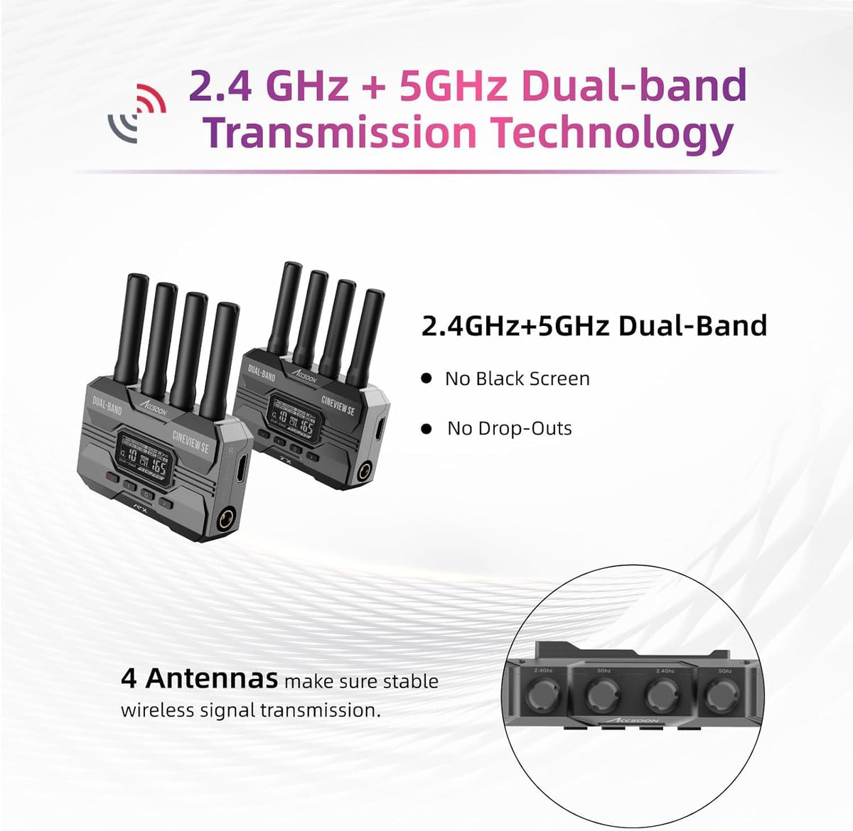 Accsoon CineView SE HDMI/SDI 1080P 60FPS draadloze videozender 2,4G/5G, latentie 50ms, bereik 1200FT/350M, bewaking van 4 apparaten, voor filmmaker, videomaker (1xT)