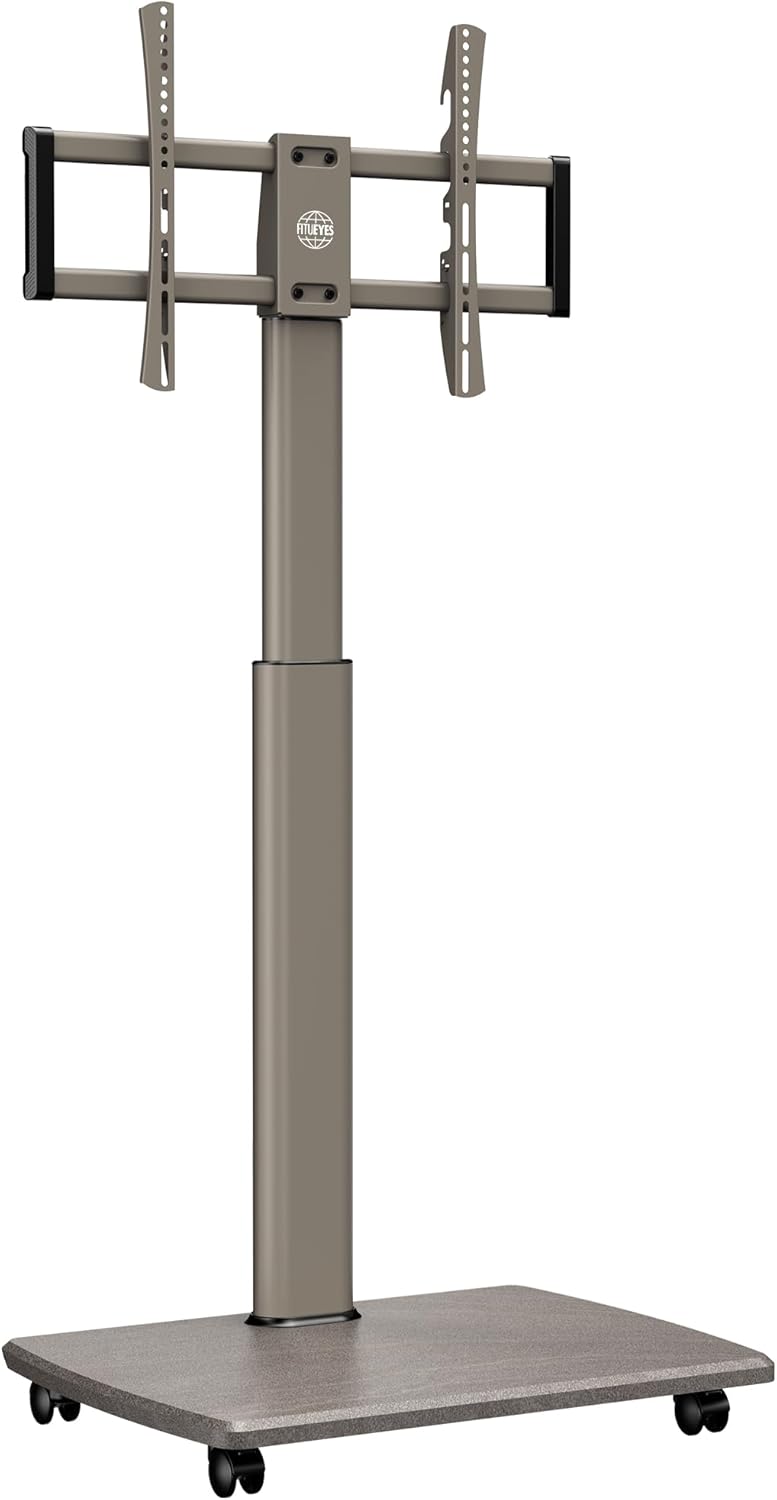 Fitueyes Tv-vloerstandaard, rolbaar, met houten plank, tv-standaard met wielen, in hoogte verstelbaar, draaibaar, voor 32 tot 70 inch (81 - 180 cm) flatscreen, tot 40 kg Maximaal VESA: 400 x 600 mm.