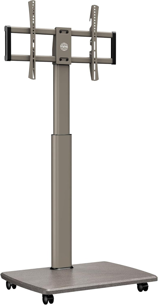 Fitueyes Tv-vloerstandaard, rolbaar, met houten plank, tv-standaard met wielen, in hoogte verstelbaar, draaibaar, voor 32 tot 70 inch (81 - 180 cm) flatscreen, tot 40 kg Maximaal VESA: 400 x 600 mm.