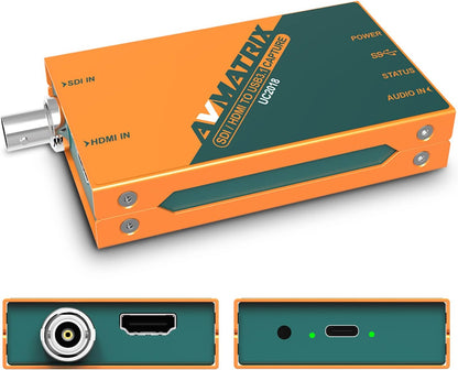 AVMATRIX Externe SDI/HDMI naar USB 3.0 (Gen1) 1080P60 ongecomprimeerd (YUY2) Streaming Capture met Line in voor videoconferenties, telegeneeskunde, kantoor, OBS, zoom, teams, pc/Mac (EUUC2018)