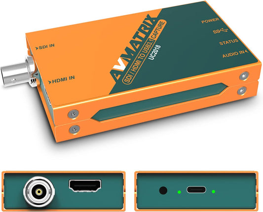 AVMATRIX Externe SDI/HDMI naar USB 3.0 (Gen1) 1080P60 ongecomprimeerd (YUY2) Streaming Capture met Line in voor videoconferenties, telegeneeskunde, kantoor, OBS, zoom, teams, pc/Mac (EUUC2018)