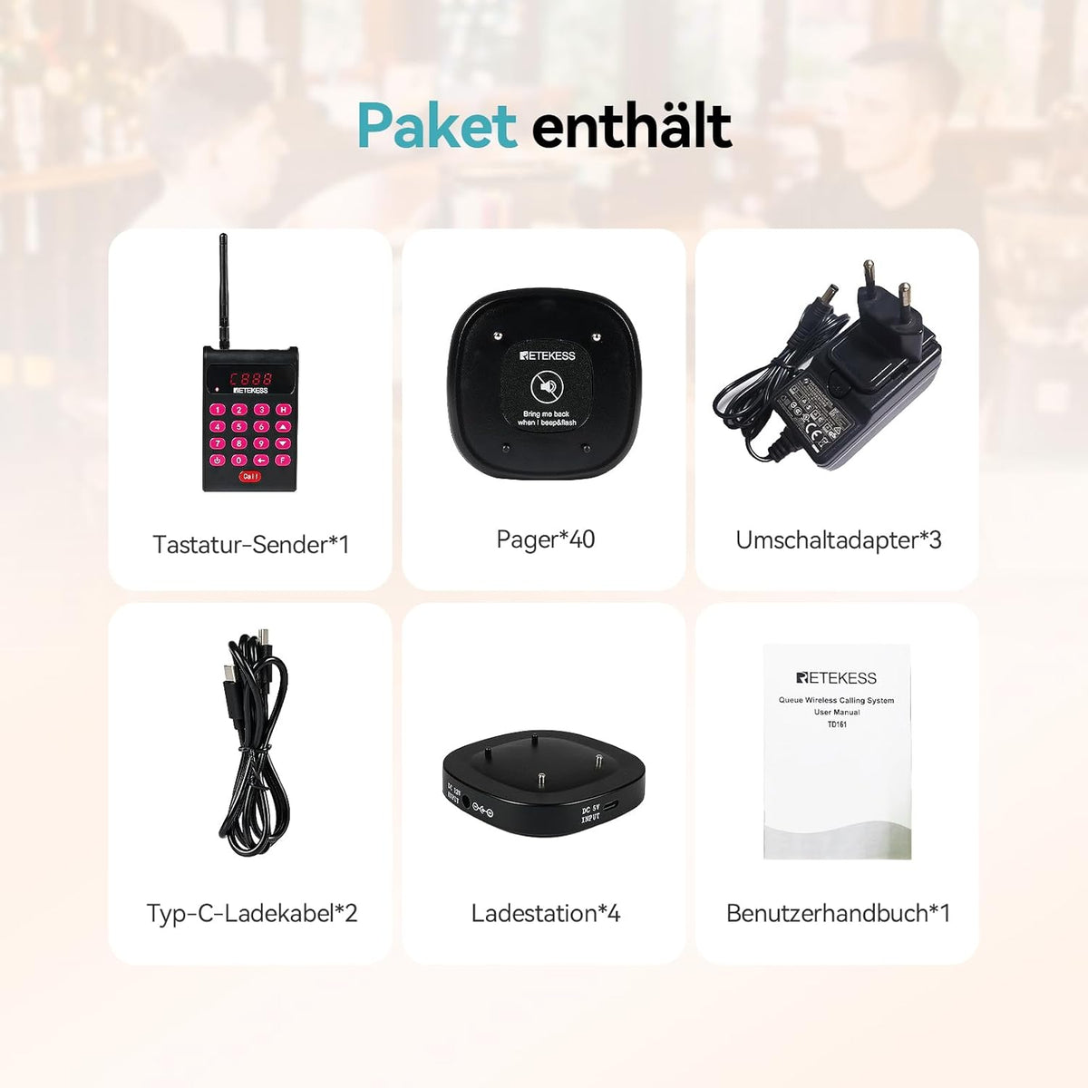 Draadloos Oproepsysteem – Pager – Semafoonsysteem – Communicatiesysteem – Oproepsysteem Restaurant – 500 Meter Bereik – 40 Pagers Met Afneembaar Toetsenbord – Mute-knop - QUORE