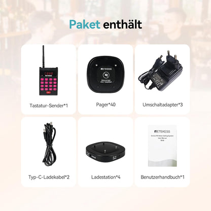 Draadloos Oproepsysteem – Pager – Semafoonsysteem – Communicatiesysteem – Oproepsysteem Restaurant – 500 Meter Bereik – 40 Pagers Met Afneembaar Toetsenbord – Mute-knop - QUORE