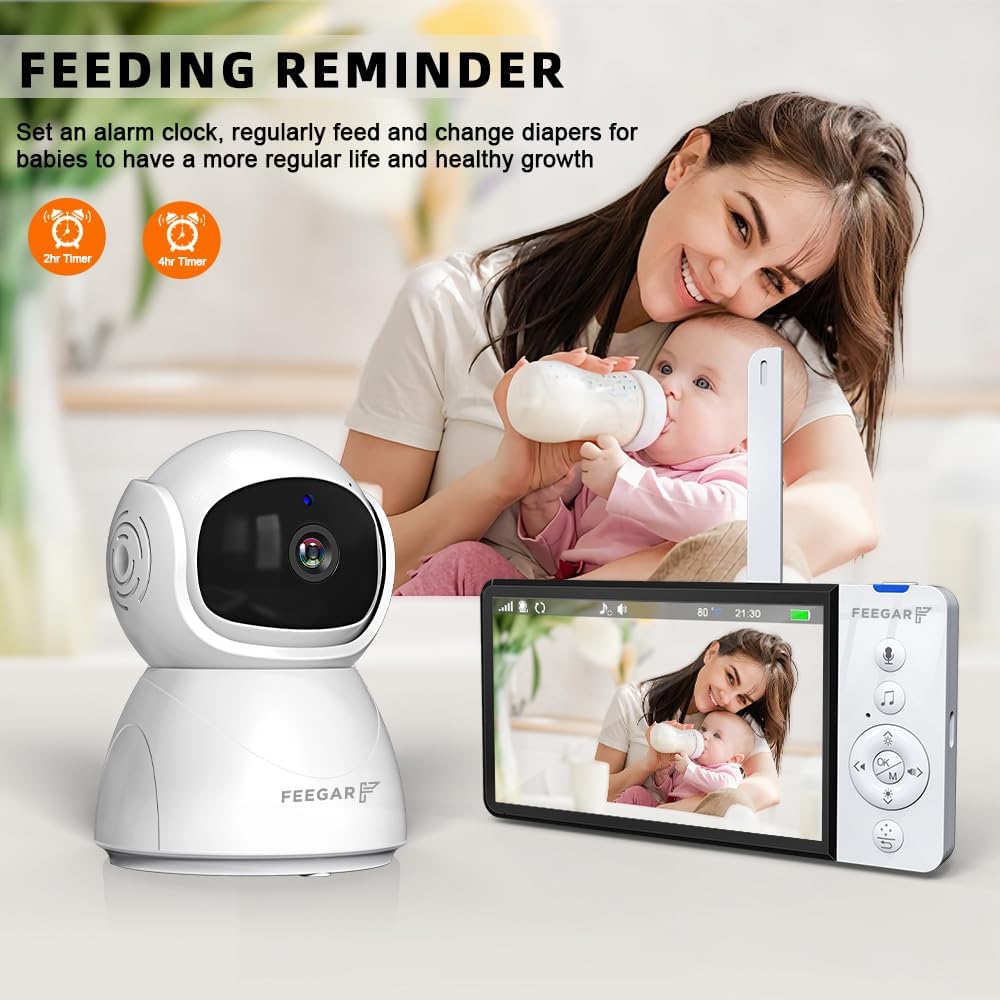Feegar Babyfoon met camera, babymonitor, 5 inch, 720P HD-display, 2,4 GHz, PTZ 355°/120° babymonitor met afstandsbediening, 2 x zoom, VOX-modus, nachtzicht, temperatuursensor, slaapliedjes, 5000 mAh