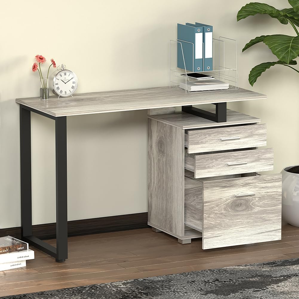 BAKAJI Scrivania Con cassettiera Bureau met lade, computertafel, staal, hout, kantoor grijs, Unica