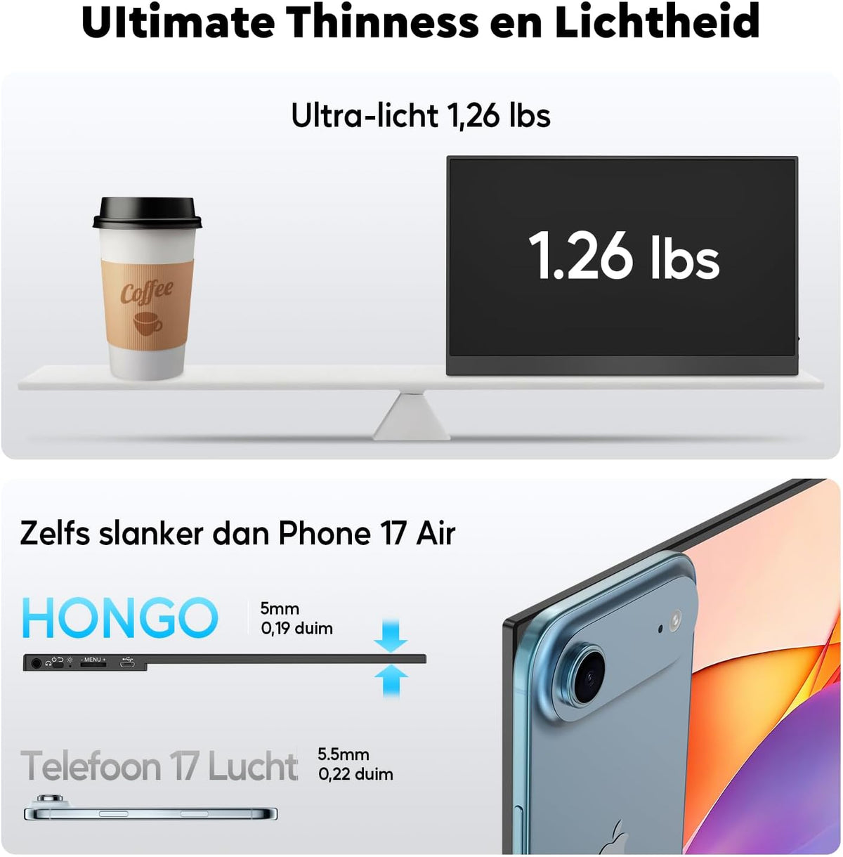 HONGO Portable Monitor, Ultra Thin, 15.6 Inch Portable Monitor, 1920 x 1080 FHD, Laptop Display Expansion - QUORE