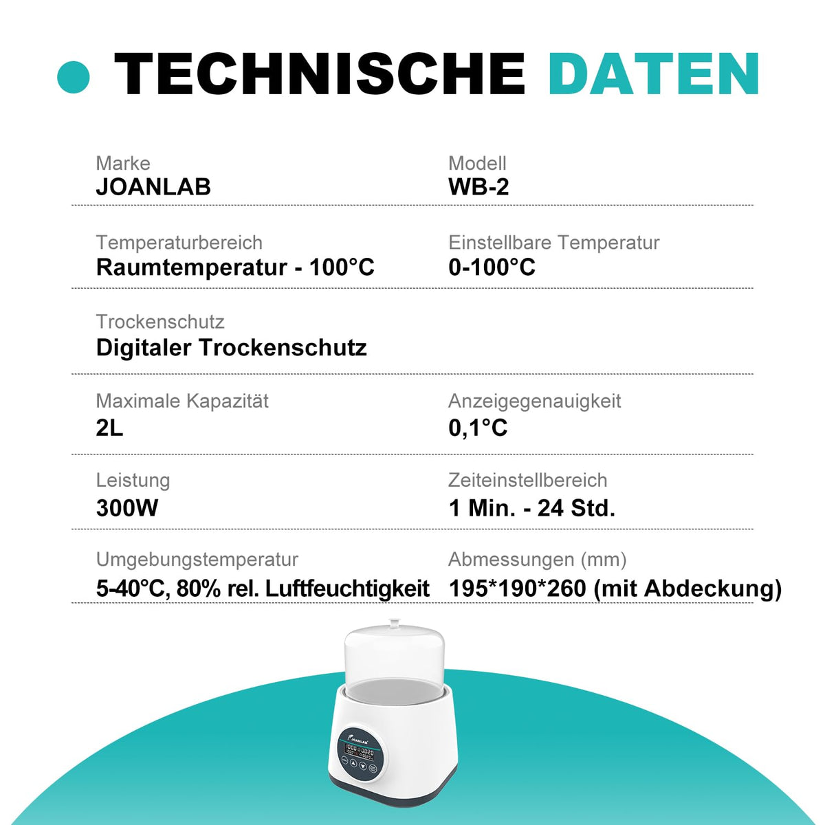 JOANLAB 2 liter laboratoriumwaterbad met digitaal display, precisieverwarming 100 °C, roestvrijstalen kuip met timer en dubbele bescherming, transparant deksel voor laboratoria