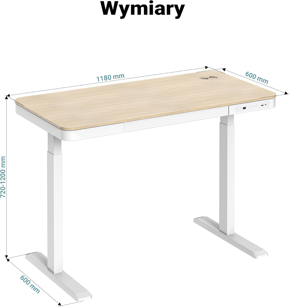Wiltec desk table height adjustable with 1 motor charging station, memory function, collision protection and sit/stand memory 1180 x 600 mm - QUORE