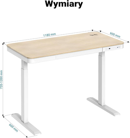 Wiltec bureautafel in hoogte verstelbaar met 1 motor laadstation, geheugenfunctie, botsbeveiliging en zit/sta-memory 1180 x 600 mm