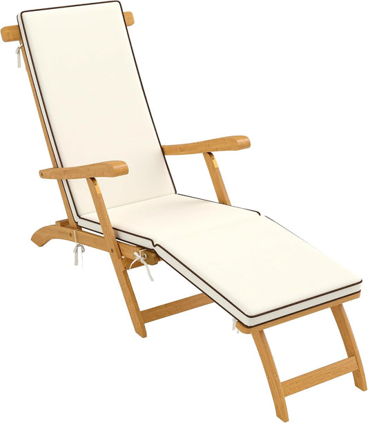 Outsunny Sonnenliege Holz klappbar Gartenliege mit Fußstütze, Matratze, Ergonomic Liegestuhl wetterfeste Campingliege, Gartenstuhl bis 160 kg load bar, für Garten Urlaub Outdoor Beach Pool, Teak - QUORE
