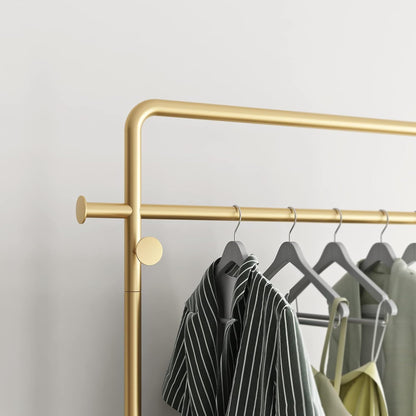 TIEOU Gouden kledingrek met plank, gouden kledingrekken voor boetieks, vrijstaand kledingrek voor hangende kleding, gouden kapstok, klein metalen kledingrek voor zwaar gebruik, Industrieel kledingrek