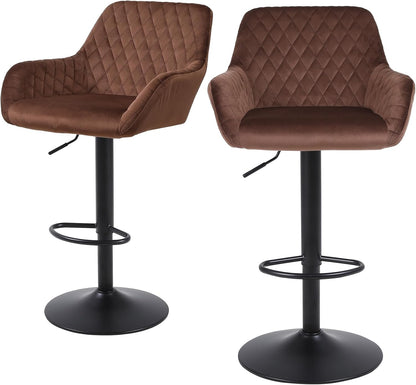 ralex-chair Barkrukken set van 2, in hoogte verstelbare fluwelen stof draaibare barkrukken, ontbijt eetkamerstoelen met rugleuning en armleuningen voor bar, toonbank en keuken, Bruin