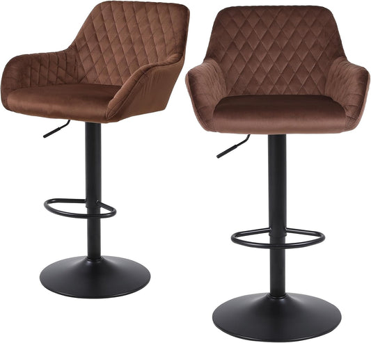 ralex-chair Barkrukken set van 2, in hoogte verstelbare fluwelen stof draaibare barkrukken, ontbijt eetkamerstoelen met rugleuning en armleuningen voor bar, toonbank en keuken, Bruin
