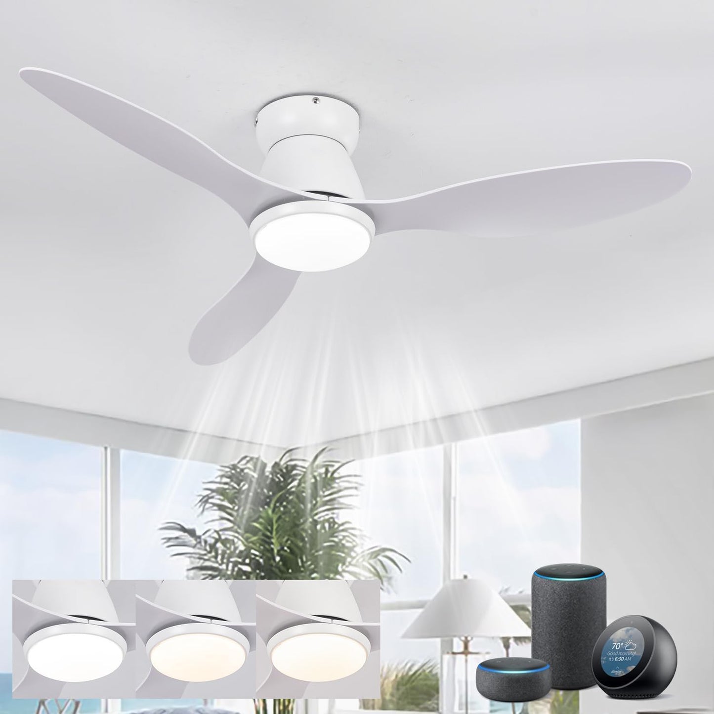 LJX Plafondventilator met intelligent licht, compatibel met Alexa, kroonluchter, ventilator, 106 cm, wit, ultrastil, DC, 6 snelheden, omkeerbaar, voor slaapkamer, woonkamer