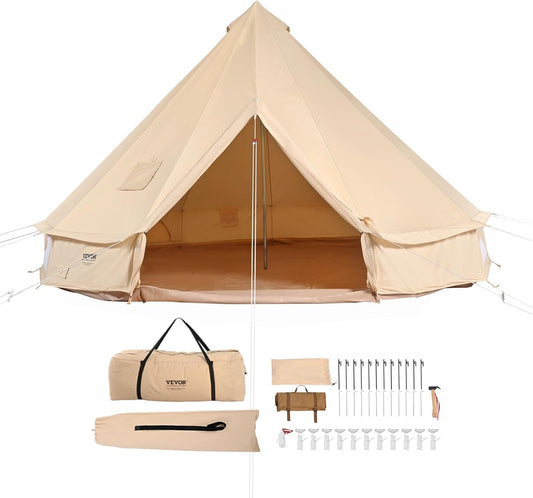 VEVOR Canvas Bell Tent 3-7 m Yurt Tent 4 Seizoenen Familie Camping Tent met Houtkachelgat, Opbergzakken voor Glamping tot 4-12 Personen