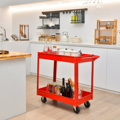 Werkplaatswagen – Gereedschapswagen – Atelierwagen – Rolwagen – Opbergtrolley – 2-laags Metalen Trolley – Rood – 100 kg Draagvermogen – 85x41x79 cm