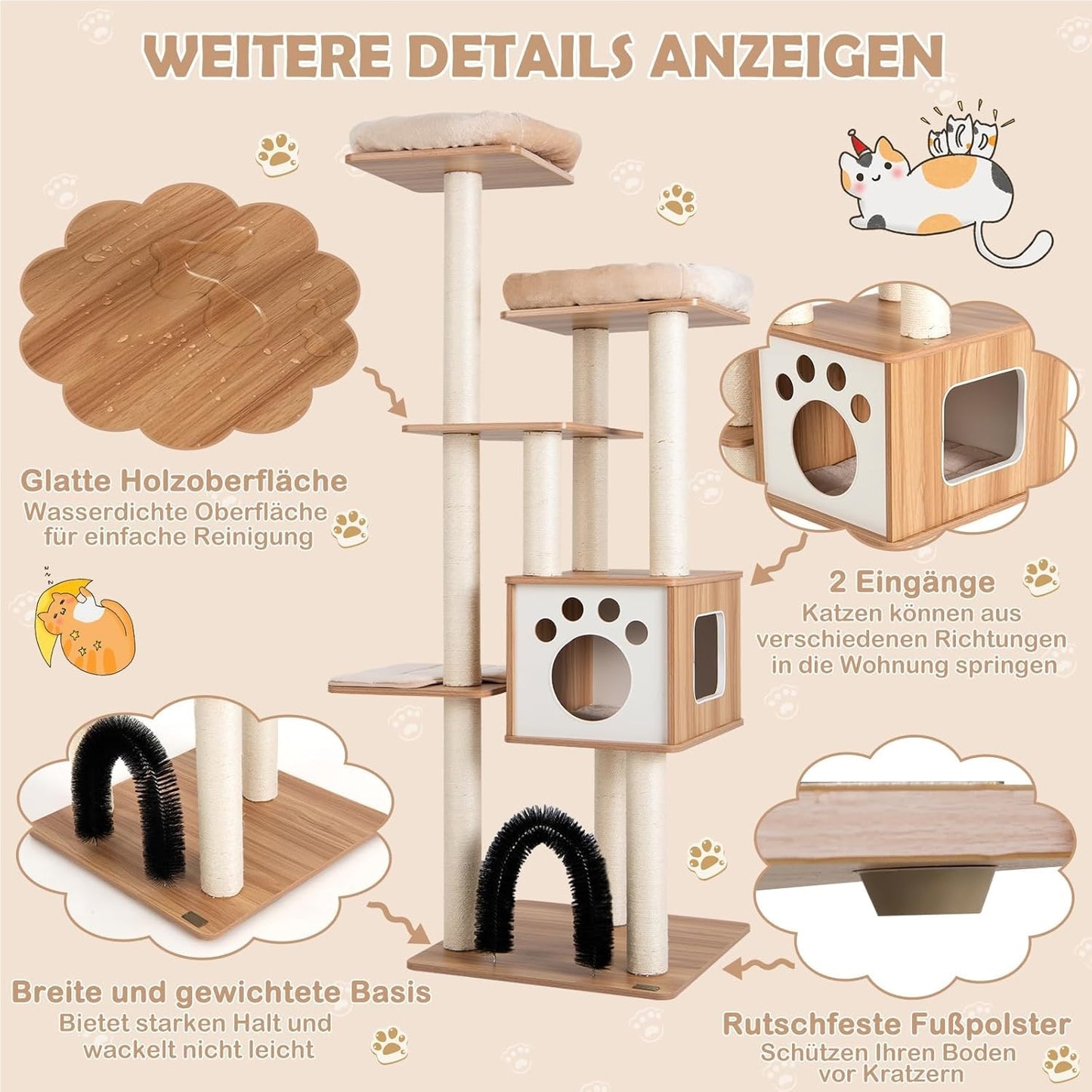 Krabpaal – Krabboom – Kattenmeubel – Kattenkrabpaal – Kattenboom – Houten Krabpaal 170 cm – Met Afneembare Kussens – Sisal Krabpalen