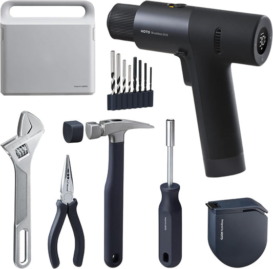 HOTO Gereedschapskist, 26-delige set, inclusief boormachine 12 V, schroevendraaier, sleutel, hamer, tang, meetlint, geschikt voor werkplaats en huis, grijs/donkerblauw