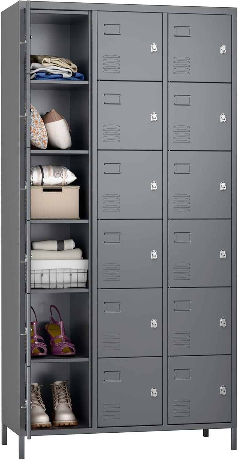 18-Pocket Metal Locker, Metal Wardrobe with Ventilation Slots for Workers, Sports Hall, School, Office (Dark Grey) - QUORE