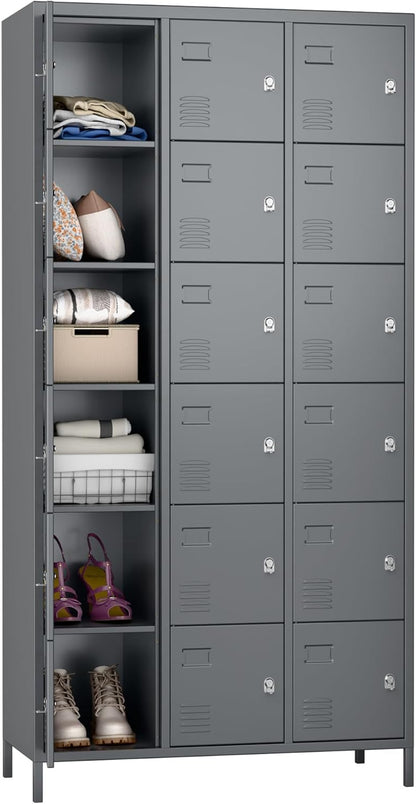 18-Pocket Metal Locker, Metal Wardrobe with Ventilation Slots for Workers, Sports Hall, School, Office (Dark Grey) - QUORE