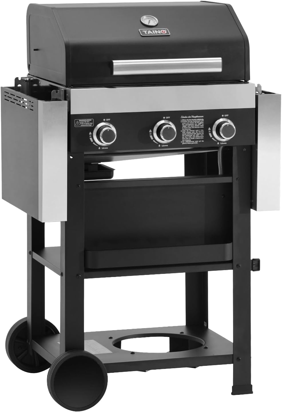 TAINO WABAYA 3+0 Gas Grill Trolley 2 Burners Ceramic Skewer Piezo Ignition Thermometer Warming Rack Matt Black - QUORE