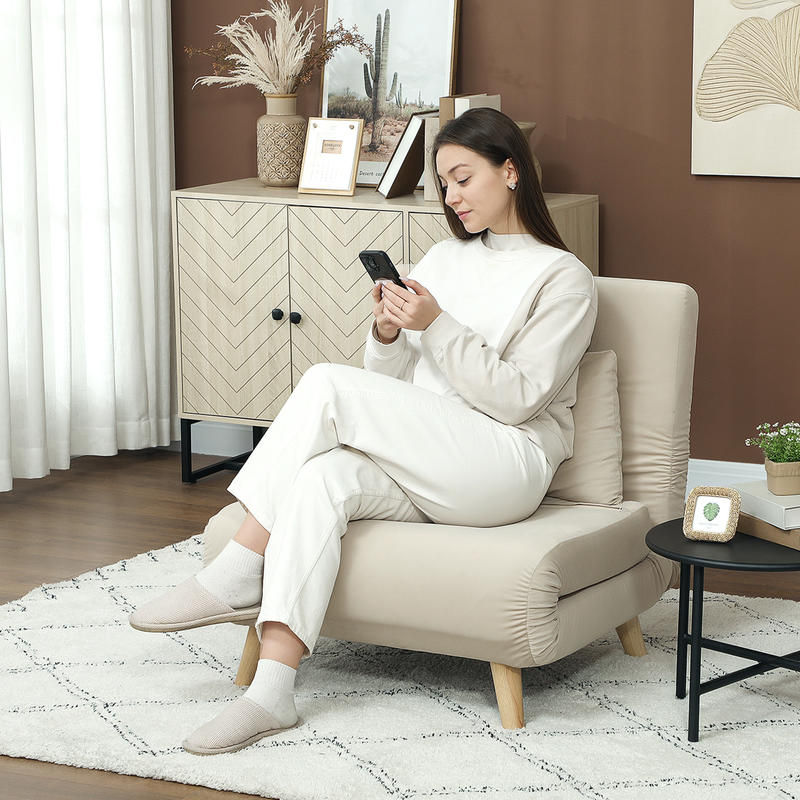 Foldable Bed Chair with Adjustable Recliner - Foam & Bed Function, Heavy-Duty up to 120kg, Space-Saving Folding Armchair Suitable for Small Apartments, Dorms, - Beige (Plastic/Metal Frame)